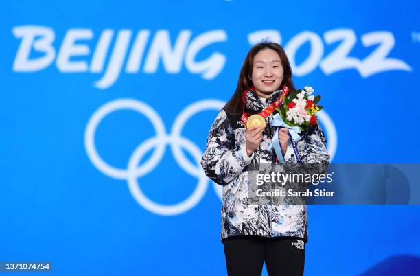 Gold medallist Minjeong Choi of Team South Korea poses with their medal during the Women's 1500m medal ceremony on Day 13 of the Beijing 2022 Winter...