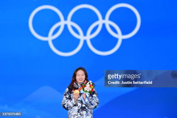 Gold medallist Minjeong Choi of Team South Korea poses with their medal during the Women's 1500m medal ceremony on Day 13 of the Beijing 2022 Winter...
