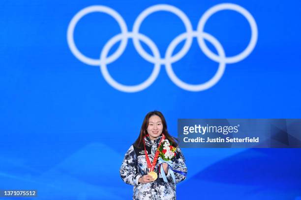 Gold medallist Minjeong Choi of Team South Korea poses with their medal during the Women's 1500m medal ceremony on Day 13 of the Beijing 2022 Winter...