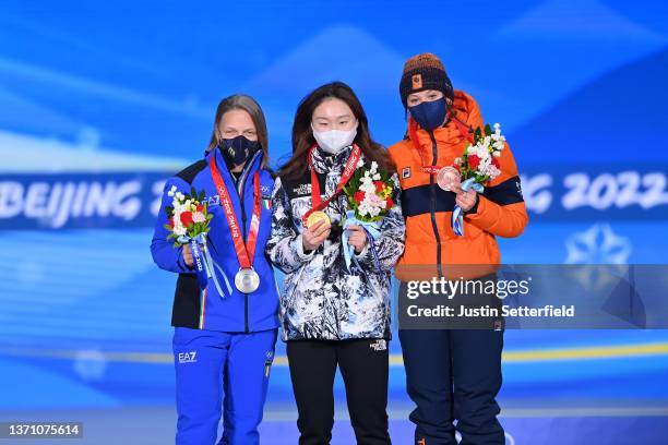 Gold medallist Minjeong Choi of Team South Korea , Silver Medallist Arianna Fontana of Team Italy and Bronze Medallist Suzanne Schulting of Team...