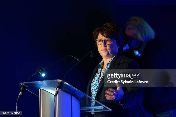 Mayor of Lille Martine Aubry attends the press conference for upcoming Series Mania festival on February 17, 2022 in Lille, France.
