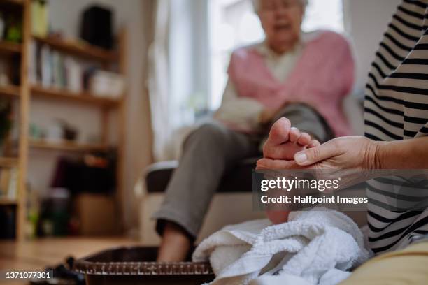 senior woman getting foot massage from healthcare worker at home. - pedicure stockfoto's en -beelden