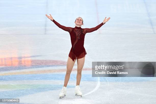 Mariah Bell of Team United States reacts after skating during the Women Single Skating Free Skating on day thirteen of the Beijing 2022 Winter...