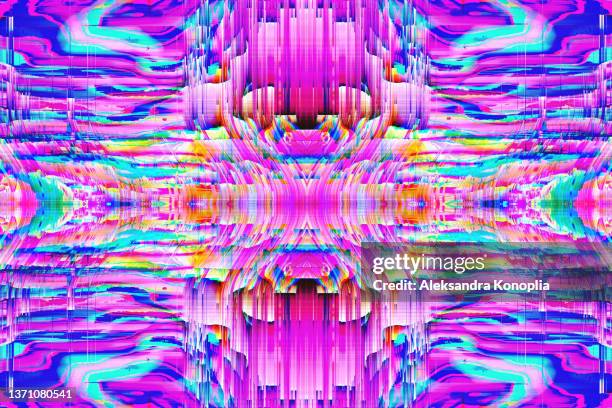motion glitch interlaced multicolored distorted textured psychedelic kaleidoscope futuristic background - film festival poster stock pictures, royalty-free photos & images