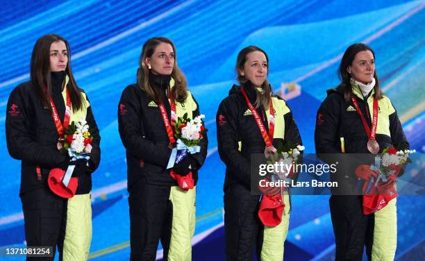 Bronze Medallists Vanessa Voigt, Vanessa Hinz, Franziska Preuss and Denise Herrmann of Team Germany pose with their medals during the Women's...