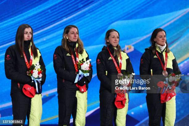 Bronze Medallists Vanessa Voigt, Vanessa Hinz, Franziska Preuss and Denise Herrmann of Team Germany pose with their medals during the Women's...