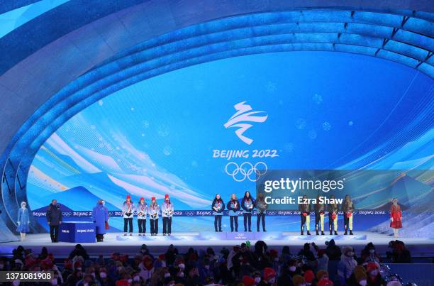 Gold medallists Linn Persson, Mona Brorsson, Hanna Oeberg and Elvira Oeberg of Team Sweden , Silver Medallists Irina Kazakevich, Kristina Reztsova,...