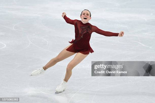 Mariah Bell of Team United States skates during the Women Single Skating Free Skating on day thirteen of the Beijing 2022 Winter Olympic Games at...