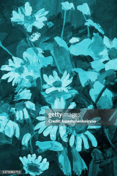 illustration oil painting landscape blooming daisies and bells in a clearing on a decorative background of plant stems of leaves and grass - postcard stock illustrations