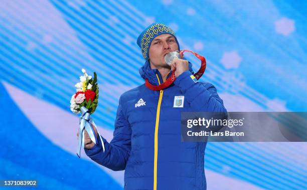 Silver medallist Oleksandr Abramenko of Team Ukraine poses with their medal during the Men's Aerials medal ceremony on Day 13 of the Beijing 2022...