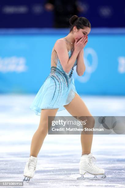 Alysa Liu of Team United States reacts after skating during the Women Single Skating Free Skating on day thirteen of the Beijing 2022 Winter Olympic...