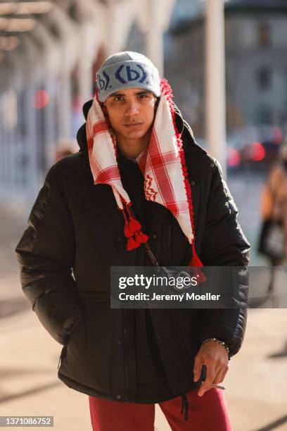 Fashion Week Guest is seen outside the Bevza show , during New York Fashion Week, on February 14, 2022 in New York City.