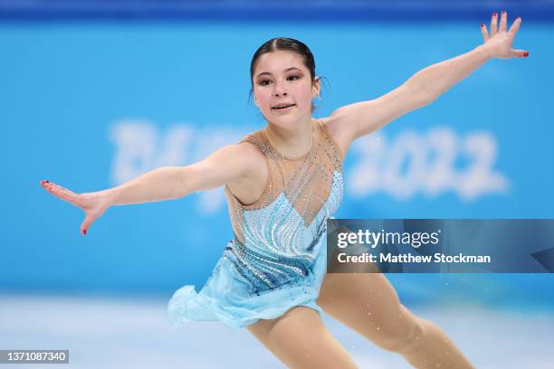 Alysa Liu of Team United States skates during the Women Single Skating Free Skating on day thirteen of the Beijing 2022 Winter Olympic Games at...