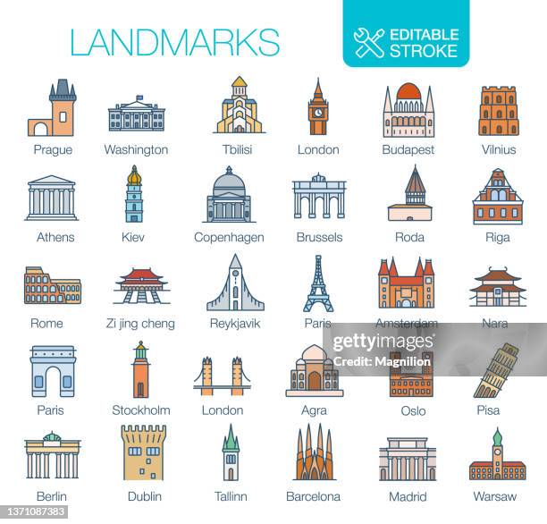 ilustrações de stock, clip art, desenhos animados e ícones de landmarks icons set editable stroke - famous place