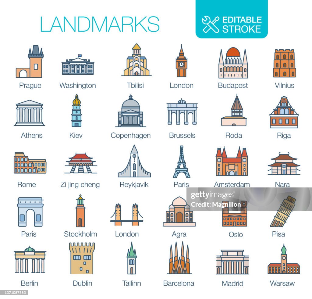 Landmarks Icons Set Editable Stroke