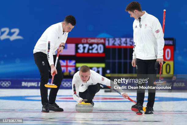 Hammy McMillan, Bobby Lammie and Grant Hardie of Team Great Britain compete against Team United States during the Men’s Semifinal on Day 13 of the...