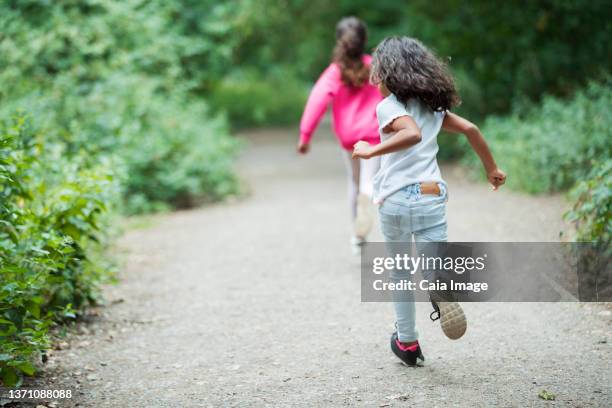 carefree sisters running on park path - lane sisters stockfoto's en -beelden