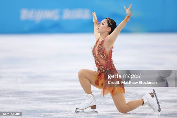 Wakaba Higuchi of Team Japan skates during the Women Single Skating Free Skating on day thirteen of the Beijing 2022 Winter Olympic Games at Capital...