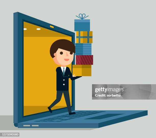 online shopping - laptop - gift box - man receiving package stock illustrations