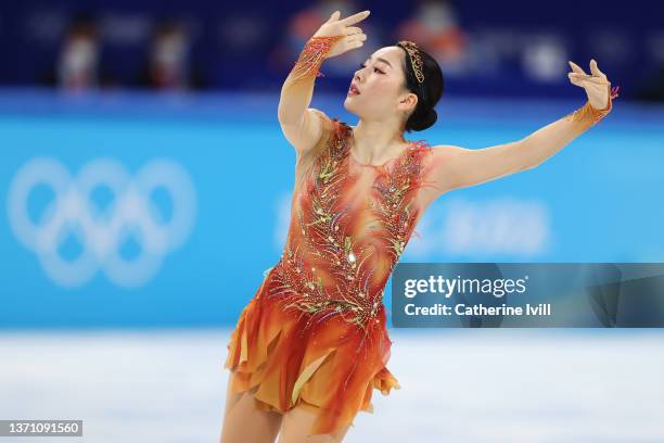 Wakaba Higuchi of Team Japan skates during the Women Single Skating Free Skating on day thirteen of the Beijing 2022 Winter Olympic Games at Capital...