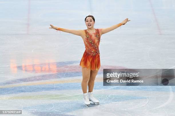 Wakaba Higuchi of Team Japan reacts after skating during the Women Single Skating Free Skating on day thirteen of the Beijing 2022 Winter Olympic...