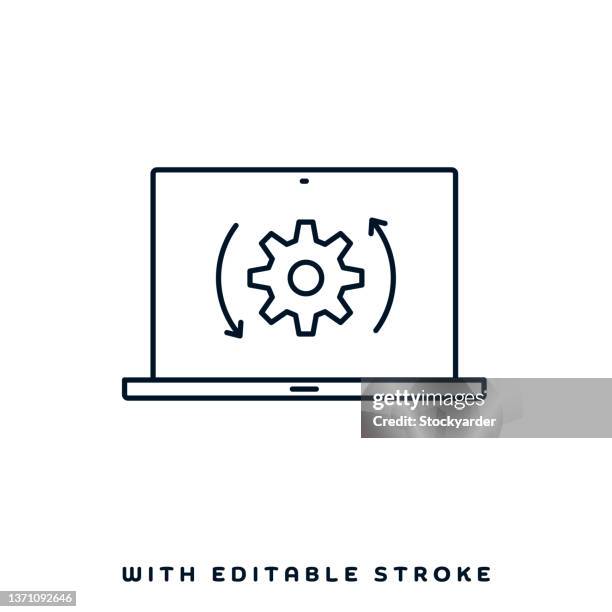 illustrazioni stock, clip art, cartoni animati e icone di tendenza di progettazione dell'icona della linea di ricerca di lavoro remota - sistema operativo