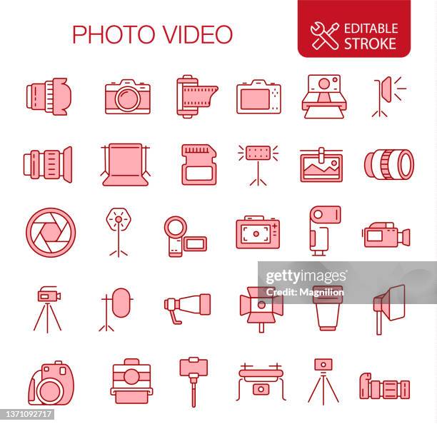 stockillustraties, clipart, cartoons en iconen met photography and video icons set editable stroke - spiegelreflexcamera