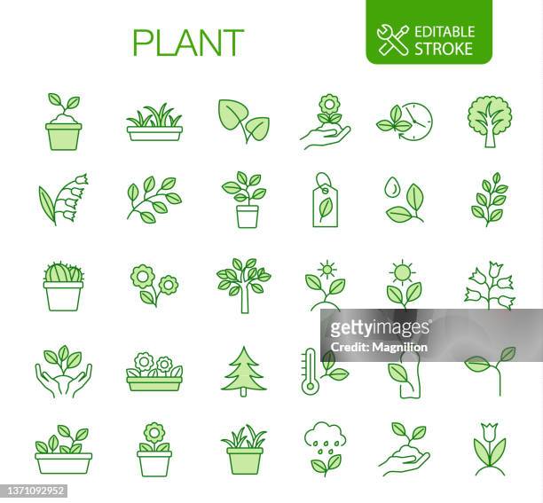 plant icons set editable stroke - green hands plant stock illustrations