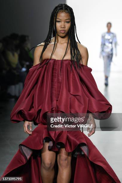 Model walks the runway during the Bibhu Mohapatra Ready to Wear Fall/Winter 2022-2023 fashion show as part of the New York Fashion Week on February...