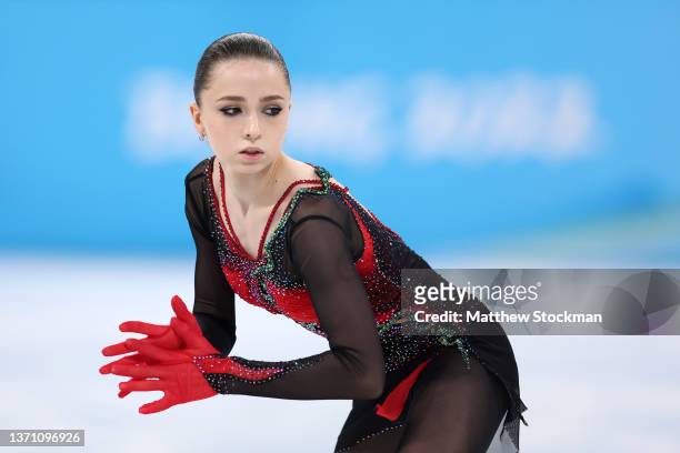 Kamila Valieva of Team ROC skates during the Women Single Skating Free Skating on day thirteen of the Beijing 2022 Winter Olympic Games at Capital...