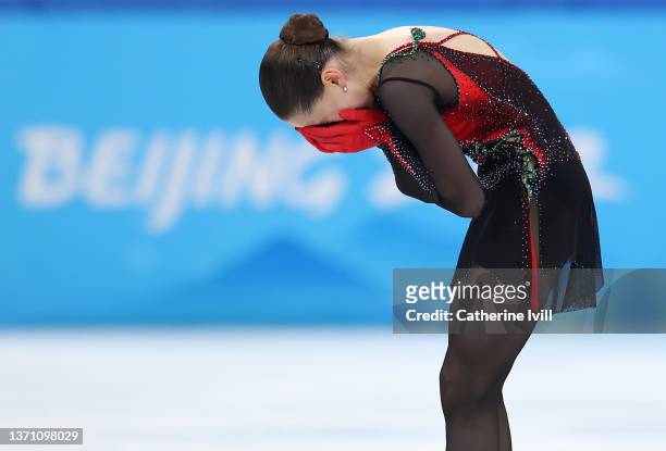Kamila Valieva of Team ROC reacts after skating during the Women Single Skating Free Skating on day thirteen of the Beijing 2022 Winter Olympic Games...
