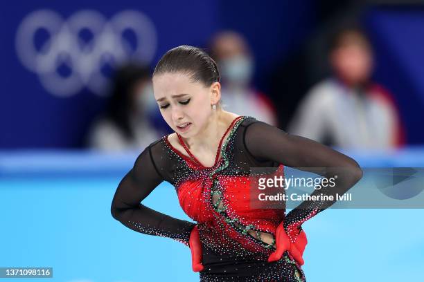 Kamila Valieva of Team ROC reacts after skating during the Women Single Skating Free Skating on day thirteen of the Beijing 2022 Winter Olympic Games...