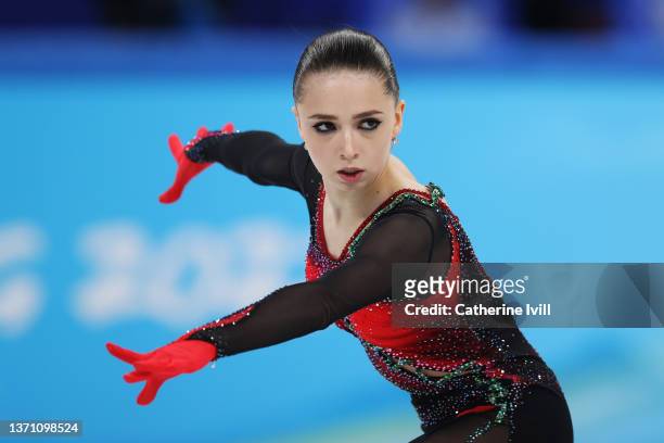 Kamila Valieva of Team ROC skates during the Women Single Skating Free Skating on day thirteen of the Beijing 2022 Winter Olympic Games at Capital...