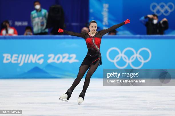 Kamila Valieva of Team ROC skates during the Women Single Skating Free Skating on day thirteen of the Beijing 2022 Winter Olympic Games at Capital...