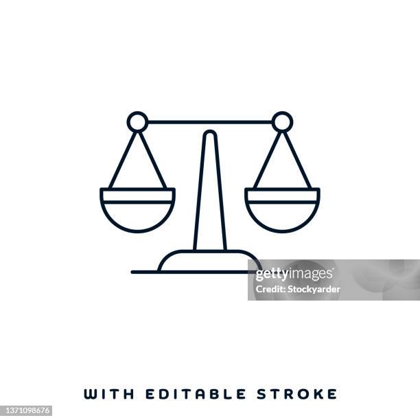 waage linie icon design - waage justitia freisteller stock-grafiken, -clipart, -cartoons und -symbole