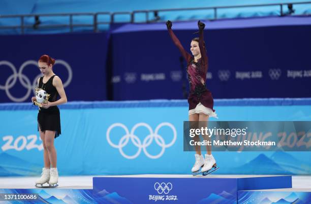 Gold medallist Anna Shcherbakova of Team ROC , Silver Medallist Alexandra Trusova of Team ROC celebrate during the Women Single Skating Free Skating...
