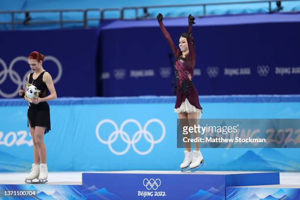 Gold medallist Anna Shcherbakova of Team ROC , Silver Medallist Alexandra Trusova of Team ROC celebrate during the Women Single Skating Free Skating...