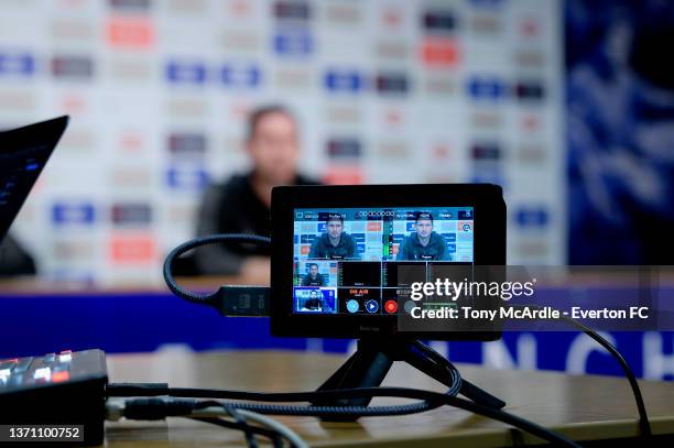 Frank Lampard manager of Everton speaks to the media during the Everton Press Conference at USM Finch Farm on February 17, 2022 in Halewood, England..