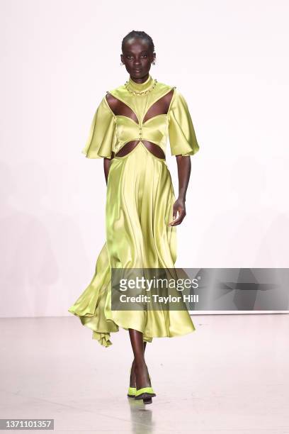Model walks the runway during Prabal Gurung's A/W 2022 fashion show during New York Fashion Week at Spring Studios on February 16, 2022 in New York...
