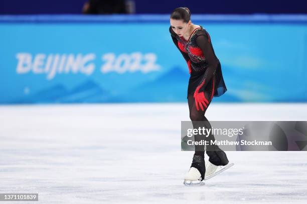 Kamila Valieva of Team ROC reacts after skating during the Women Single Skating Free Skating on day thirteen of the Beijing 2022 Winter Olympic Games...