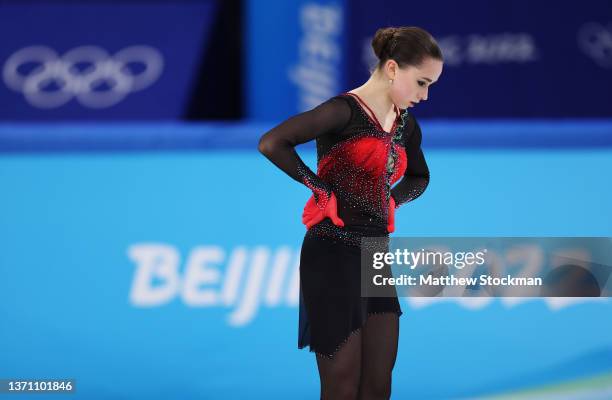 Kamila Valieva of Team ROC reacts after skating during the Women Single Skating Free Skating on day thirteen of the Beijing 2022 Winter Olympic Games...