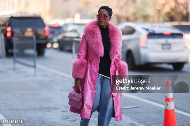 Fashion Week Guest is seen in a pink outfit outside Bibhu Mohapatra during New Yorker Fashion Week on February 15, 2022 in New York City.