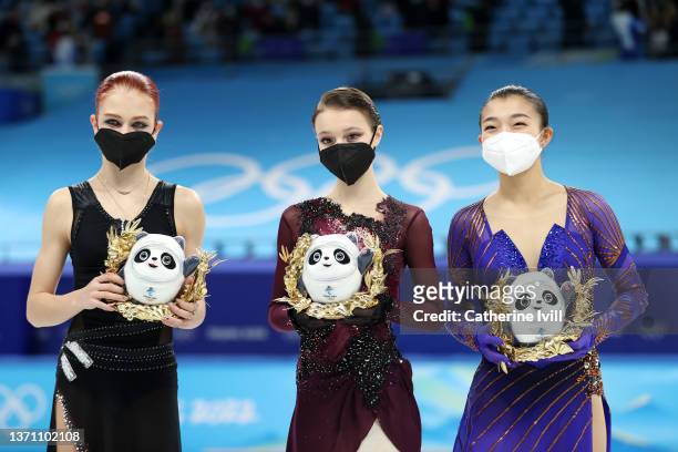 Gold medallist Anna Shcherbakova of Team ROC , Silver Medallist Alexandra Trusova of Team ROC and Bronze Medallist Kaori Sakamoto of Team Japan pose...