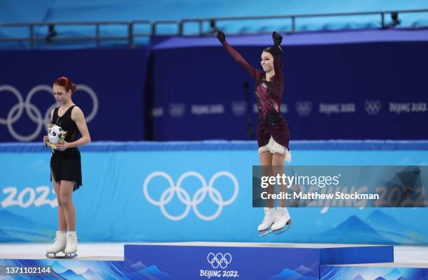 Gold medallist Anna Shcherbakova of Team ROC , Silver Medallist Alexandra Trusova of Team ROC celebrate during the Women Single Skating Free Skating...