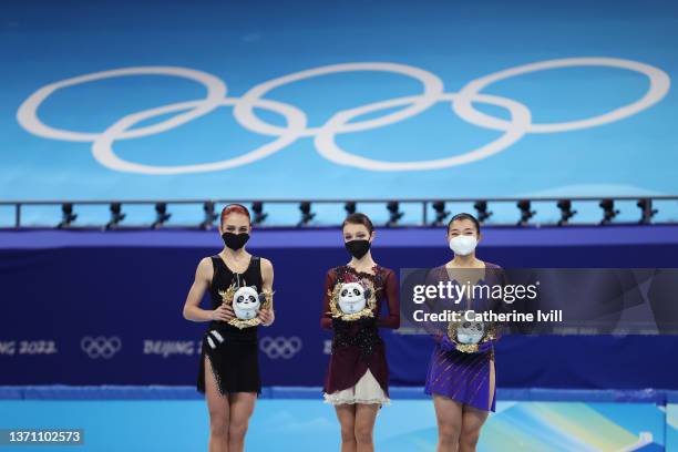 Gold medallist Anna Shcherbakova of Team ROC , Silver Medallist Alexandra Trusova of Team ROC and Bronze Medallist Kaori Sakamoto of Team Japan pose...