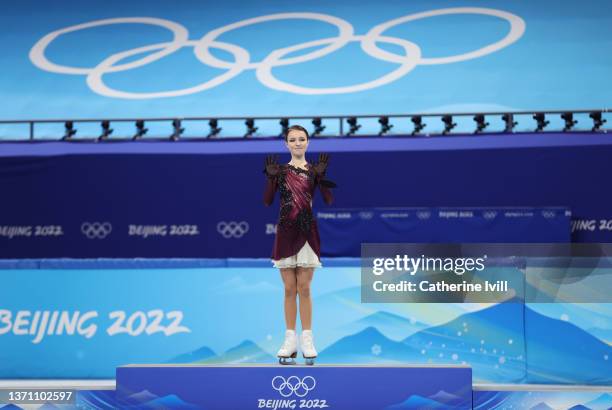 Gold medallist Anna Shcherbakova of Team ROC poses during the Women Single Skating Free Skating flower ceremony on day thirteen of the Beijing 2022...