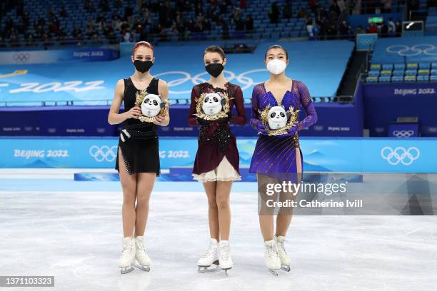 Gold medallist Anna Shcherbakova of Team ROC , Silver Medallist Alexandra Trusova of Team ROC and Bronze Medallist Kaori Sakamoto of Team Japan pose...