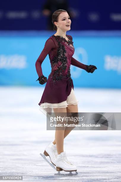 Anna Shcherbakova of Team ROC reacts after skating during the Women Single Skating Free Skating on day thirteen of the Beijing 2022 Winter Olympic...