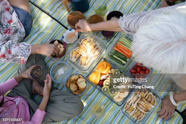 delicious picnic food outdoors - healthy snacks stock pictures, royalty-free photos & images