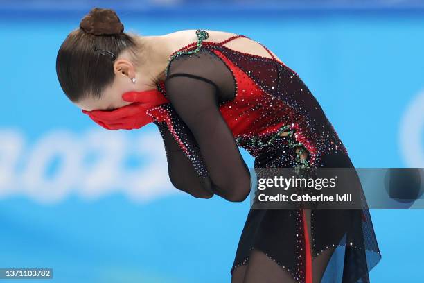 Kamila Valieva of Team ROC reacts after skating during the Women Single Skating Free Skating on day thirteen of the Beijing 2022 Winter Olympic Games...